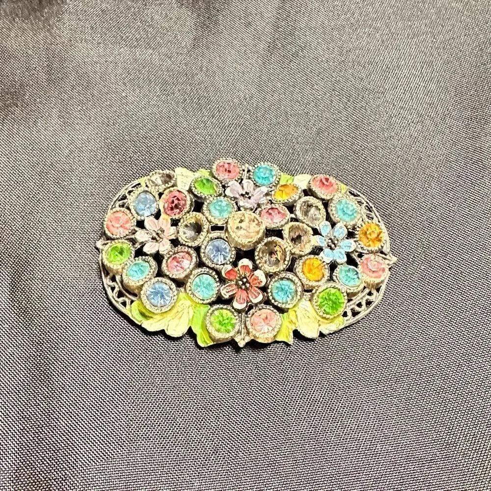 Vintage 1940’s Little Nemo Rhinestone and Painted Floral Brooch